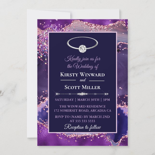 Invitación Boda de Agate Purpurina rosa morado (Anverso)