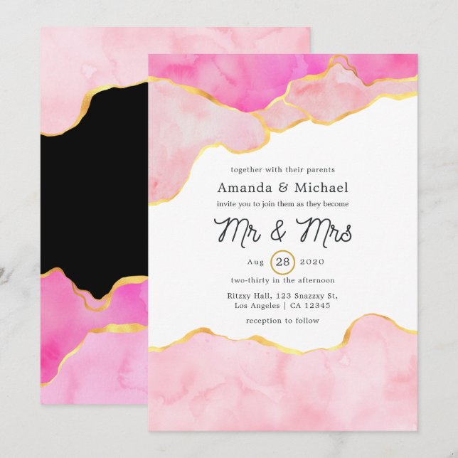 Invitación Boda de Agate Rosado, Negro y Oro (Anverso / Reverso)