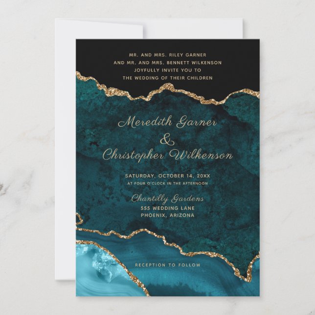 Invitación Boda de Agate Verde azulado Gold (Anverso)