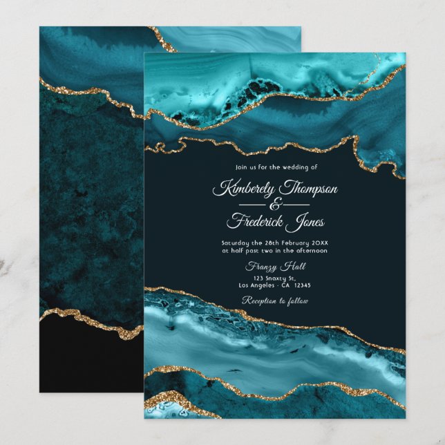 Invitación Boda de Agate verde azulado y Oro (Anverso / Reverso)
