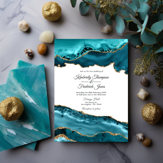 Invitación Boda de Agate verde azulado y Oro (Teal and Gold Agate)