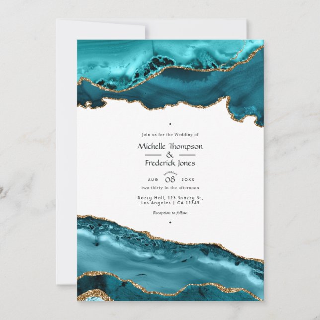 Invitación Boda de Agate verde azulado y Oro (Anverso)