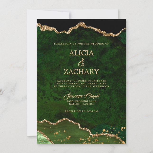 Invitación Boda de Agate Verde Purpurina de oro (Anverso)