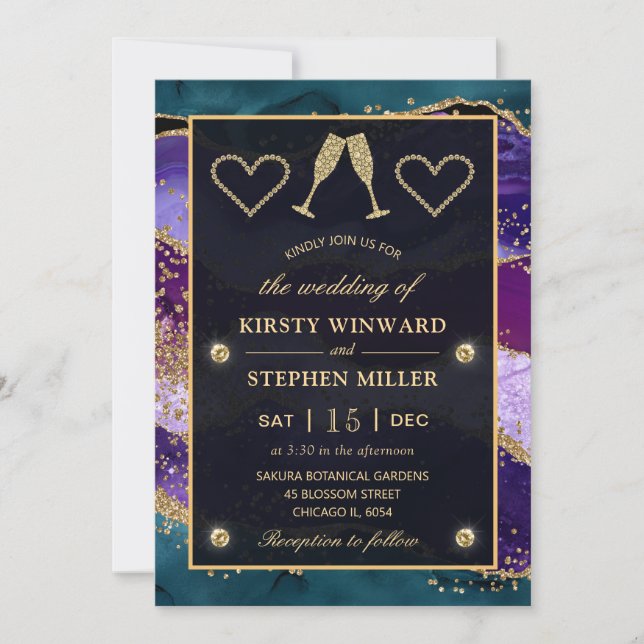 Invitación Boda de Agentes verde azulados, Purple y Gold Peac (Anverso)