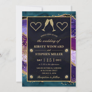 Invitación Boda de Agentes verde azulados, Purple y Gold Peac