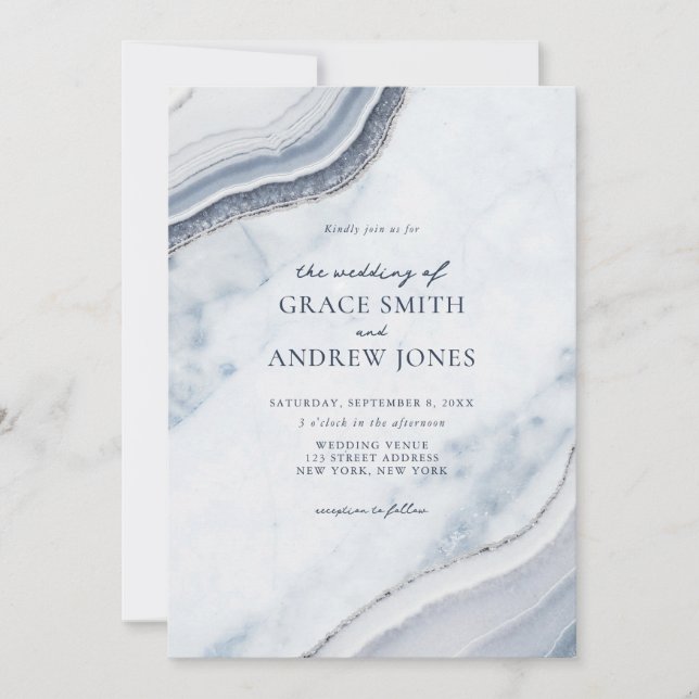Invitación Boda de Agitación de Mármol Azul Dusty (Anverso)