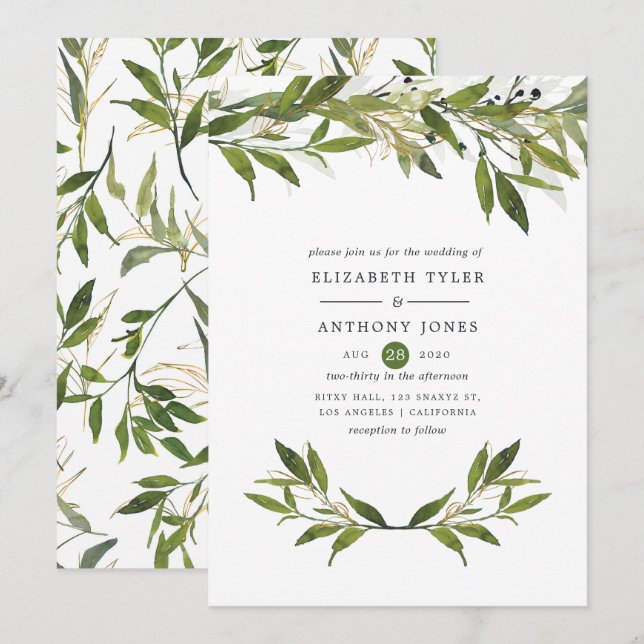 Invitación Boda de agua Leafy Greenery (Anverso / Reverso)