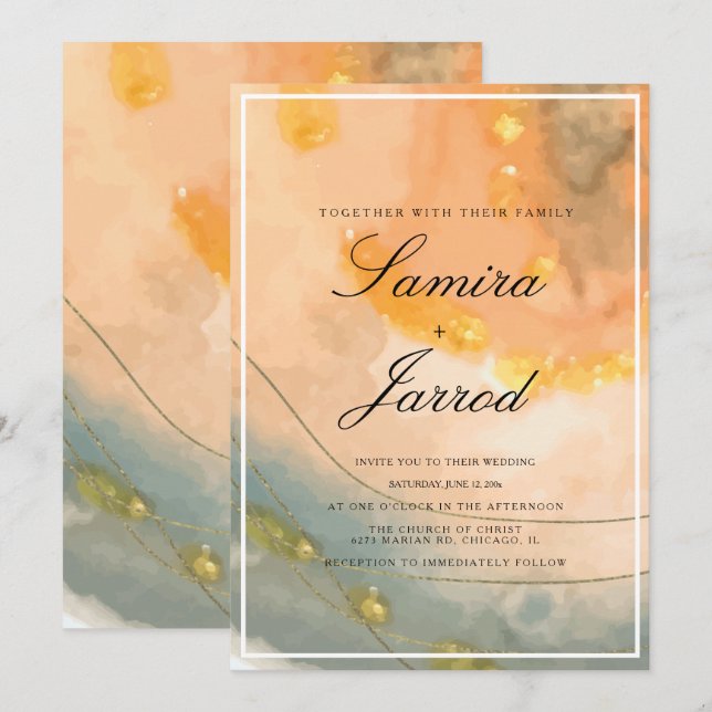 Invitación Boda de Aguamarina Melocotón Acuarela y Falso Oro (Anverso / Reverso)