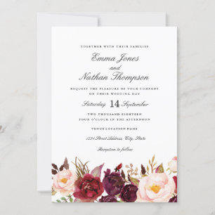 Invitación Boda de aguarela floral con rubor de Borgoña