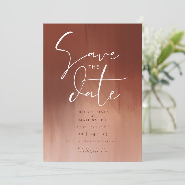 Invitación Boda de Ahorro de Fecha de Acuarela de Naranja Que (Anverso de pie)