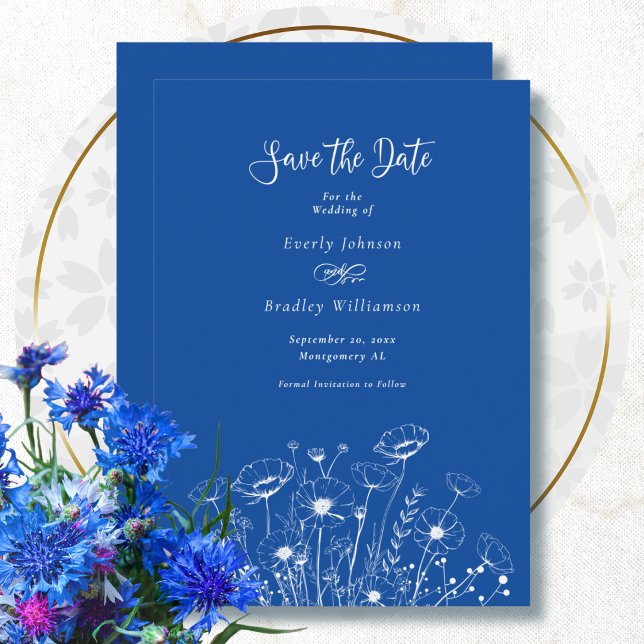 Invitación Boda de Ahorro de Fecha Floral Blanco Azul Cobalto (Subido por el creador)
