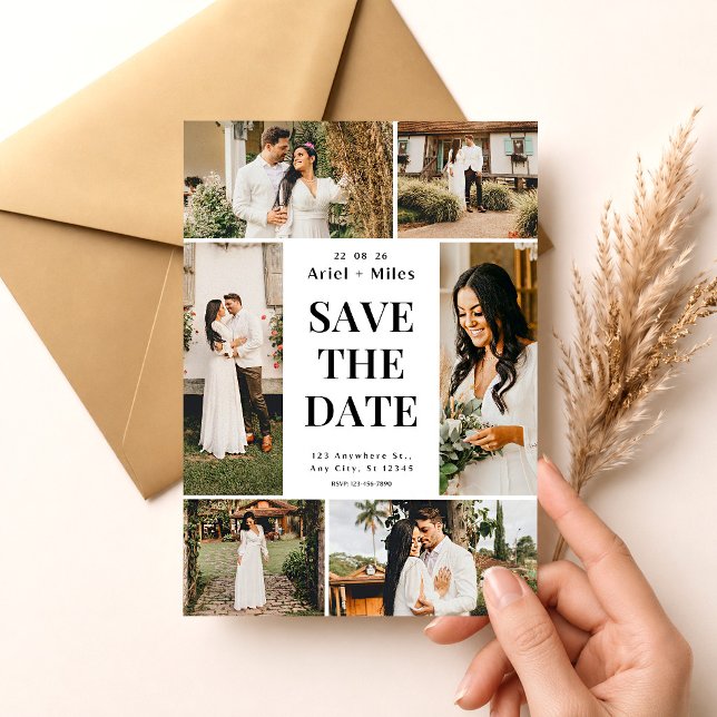 Invitación Boda de Ahorro de Fechas Collage de 6 Fotos Rústic (Wedding Save the Date Template, Photo Collage Save the Date Card, Editable Wedding Announcemen)
