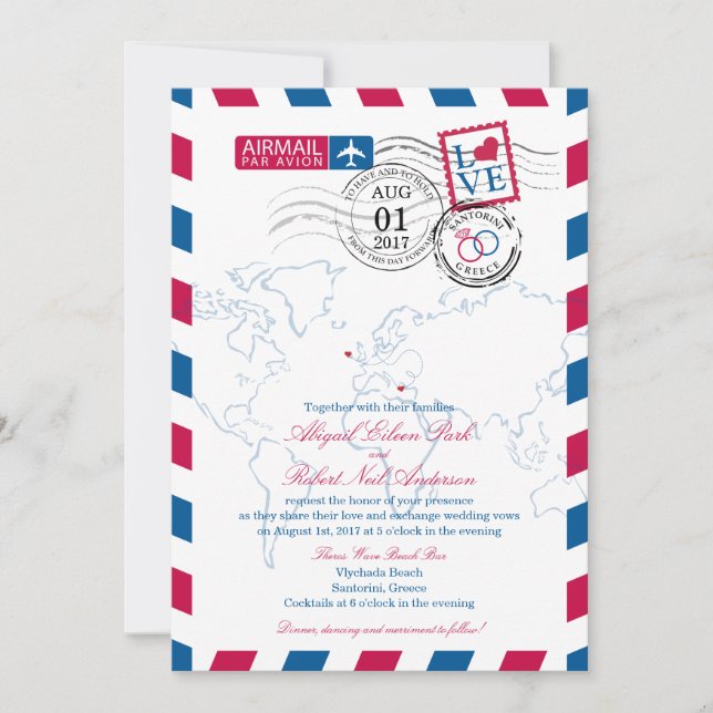 Invitación Boda de Airmail Heart Ireland y Grecia (Anverso)