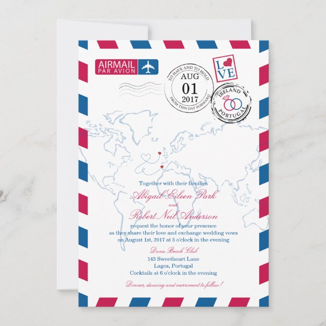 Invitación Boda de Airmail Heart Ireland y Portugal (Anverso)