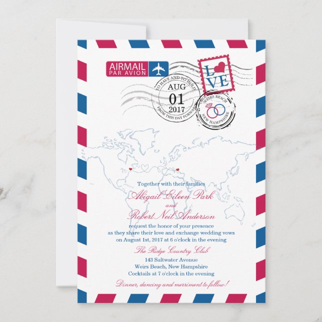 Invitación Boda de Airmail Heart USA y Macedonia (Anverso)
