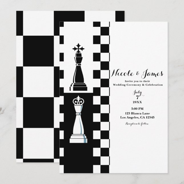 Invitación Boda de ajedrez de la reina King blanco y negro (Anverso / Reverso)