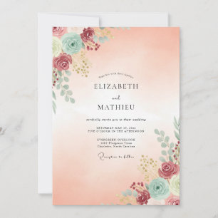 Invitación Boda de albaricoque, aqua, ranúnculo y eucalipto