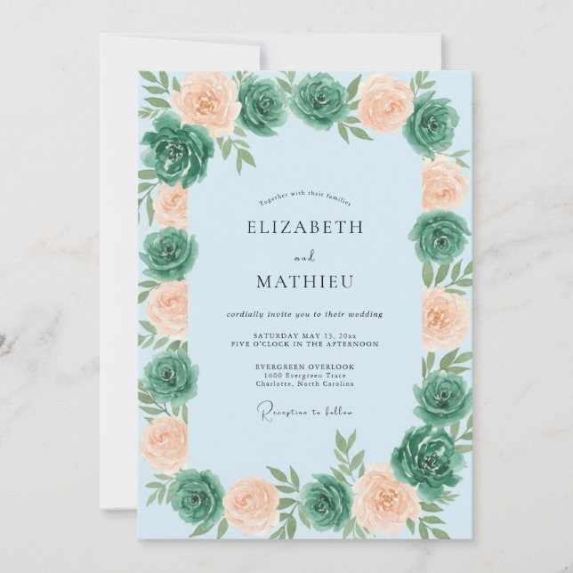 Invitación Boda de albaricoque azul celeste suculento eucalip (Anverso)