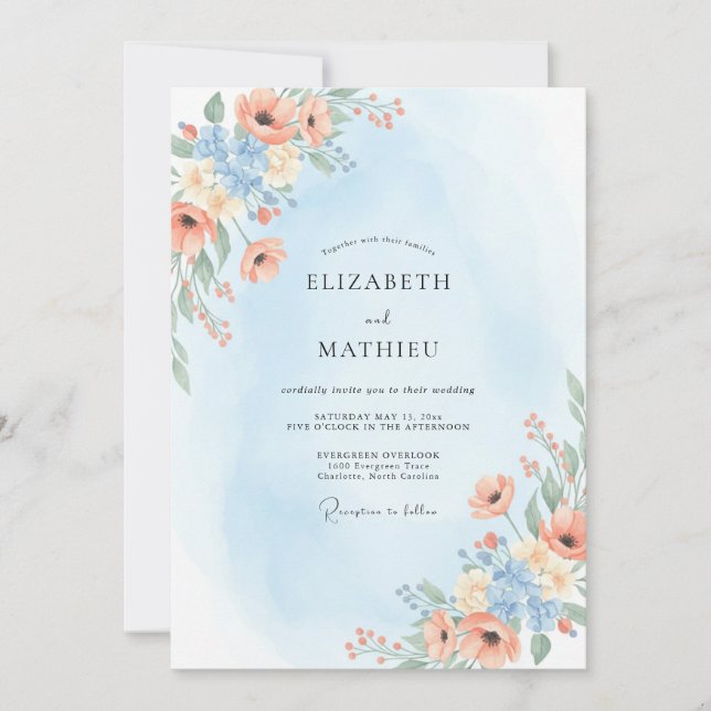 Invitación Boda de albaricoque azul ranunculus eucalipto (Anverso)