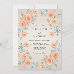Invitación Boda de albaricoque azul ranunculus silenciado euc