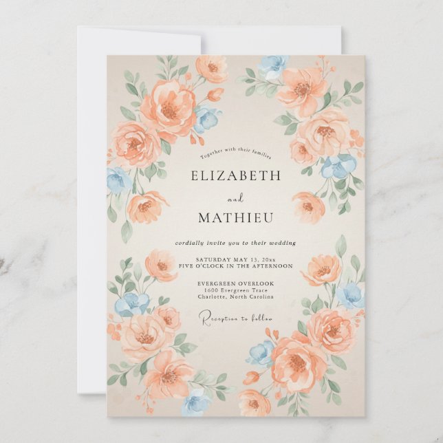 Invitación Boda de albaricoque azul ranunculus silenciado euc (Anverso)