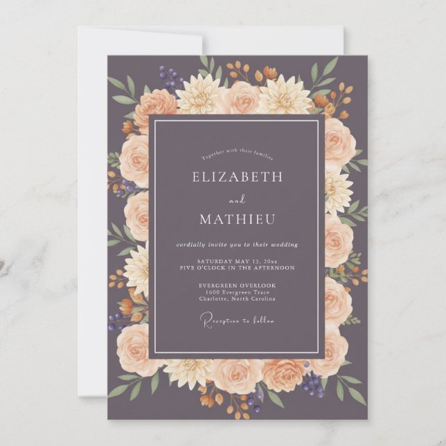 Invitación Boda de Albaricoque Berenjena Peonía (Anverso)