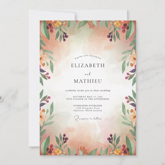 Invitación Boda de albaricoque ciruela follaje eucalipto (Anverso)