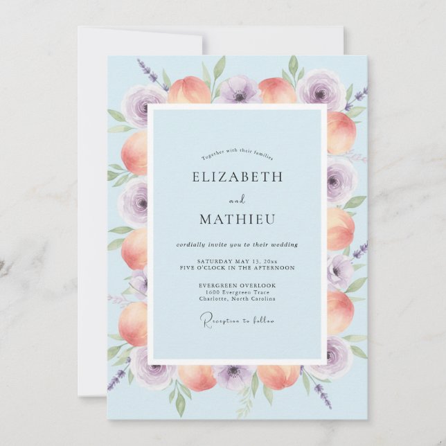 Invitación Boda de Albaricoque Lila Ranunculus Eucalipto (Anverso)