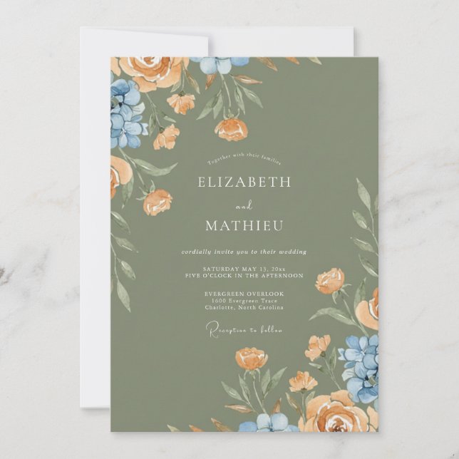 Invitación Boda de albaricoque oliva ranúnculo eucalipto (Anverso)