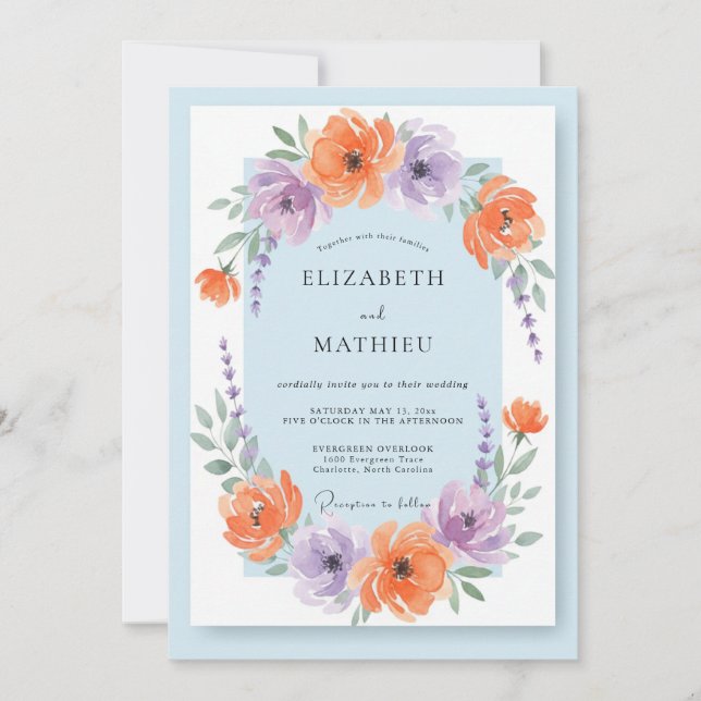Invitación Boda de albaricoque violeta ranunculus eucalipto (Anverso)