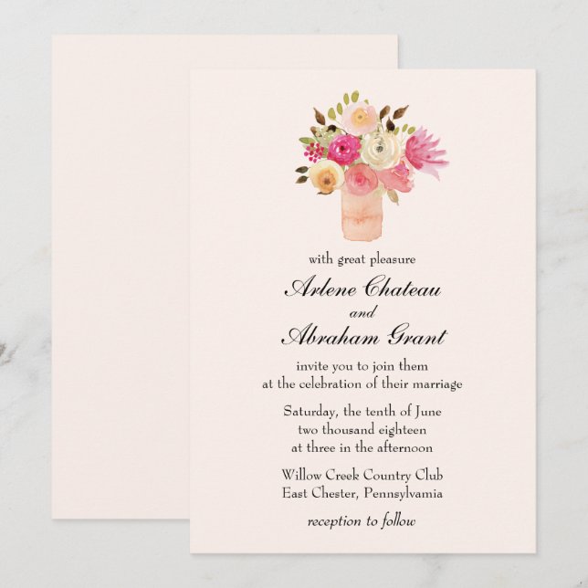 Invitación Boda de Alegría Floral Rosa (Anverso / Reverso)