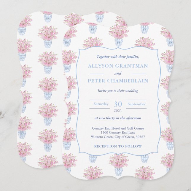 Invitación Boda de alfarería china azul blanca y rosa (Anverso / Reverso)