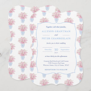 Invitación Boda de alfarería china azul blanca y rosa
