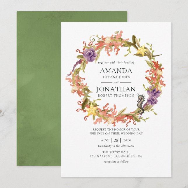 Invitación Boda de algas marinas acuáticas (Anverso / Reverso)