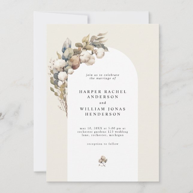 Invitación Boda de algodón y eucalipto en arco de Boho (Anverso)