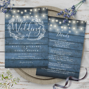Invitación Boda De All In One Blue Rustic Wood String Lights