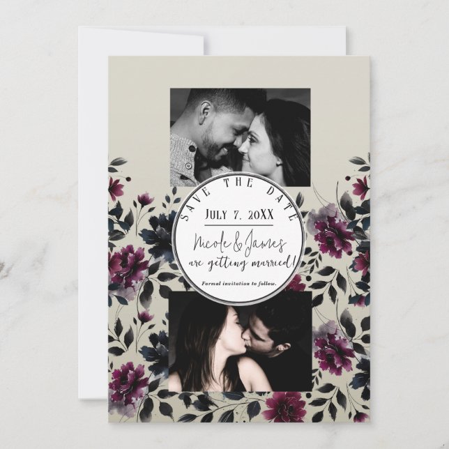 Invitación Boda de Almendra Floral Inky de Borgoña Azul de Me (Anverso)