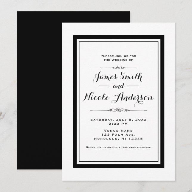 Invitación Boda de alta costura elegante en blanco y negro (Anverso / Reverso)