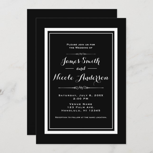 Invitación Boda de Alta Costura Elegante y Chic en Blanco y N (Anverso / Reverso)