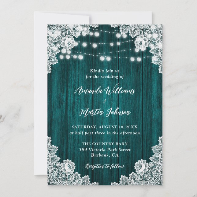 Invitación Boda de alumbrado floral de madera de campo verde  (Anverso)