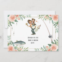 Boda de amante de la pesca con caña y flores 