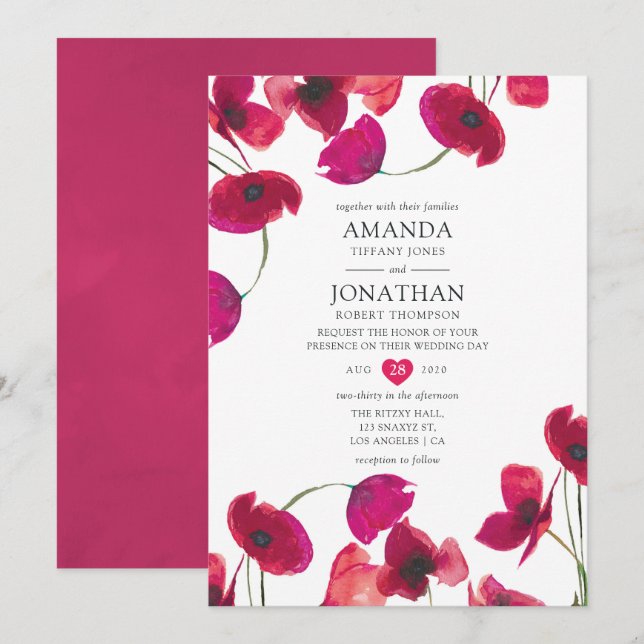 Invitación Boda de amapola acuarela roja (Anverso / Reverso)