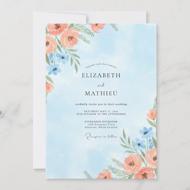 Invitación Boda de amapola azul coral (Anverso)