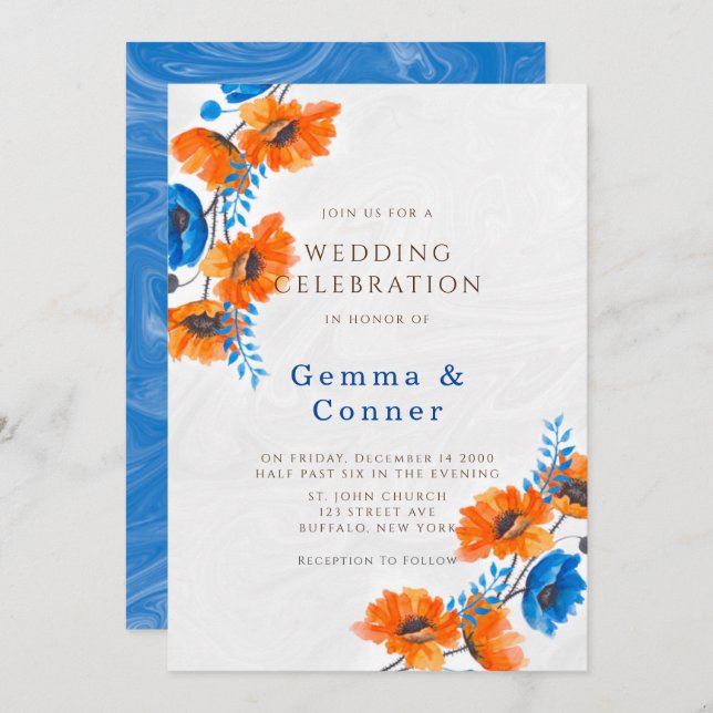 Invitación Boda de amapola azul y Naranja (Anverso / Reverso)