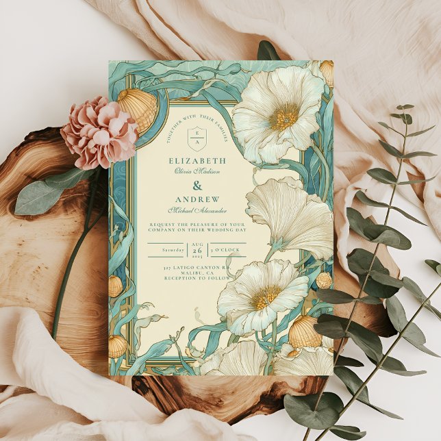 Invitación Boda de amapola blanca de Art Nouveau (Subido por el creador)