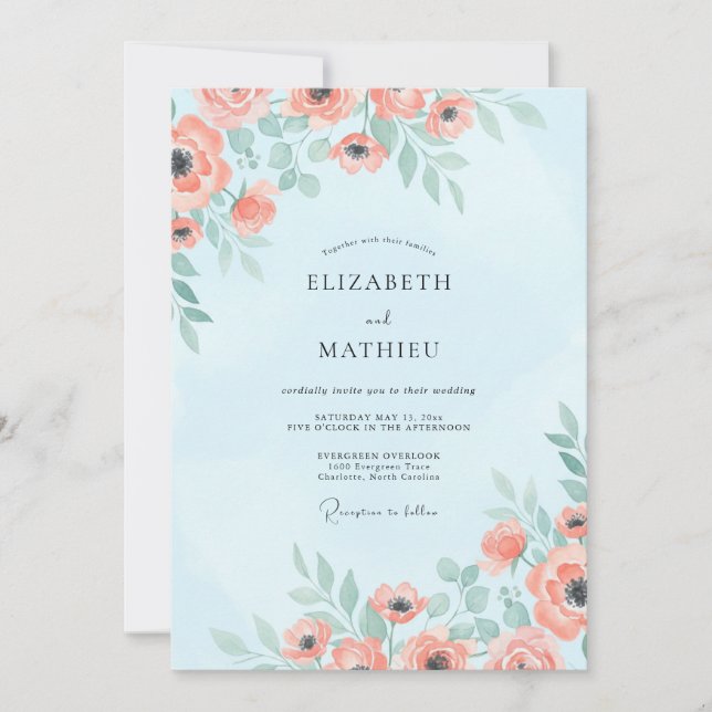 Invitación Boda de amapola coral cielo (Anverso)