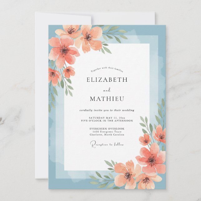 Invitación Boda de amapola de cielo coral (Anverso)