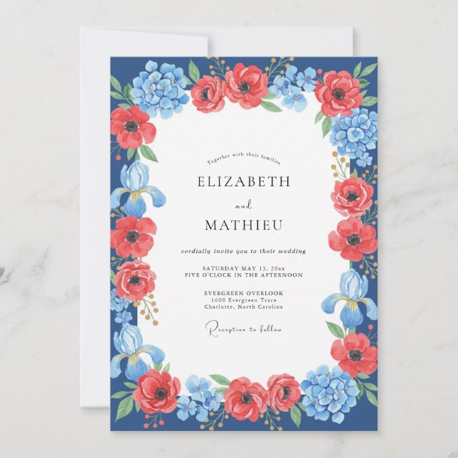 Invitación Boda de Amapola de Cobalto Carmesí (Anverso)