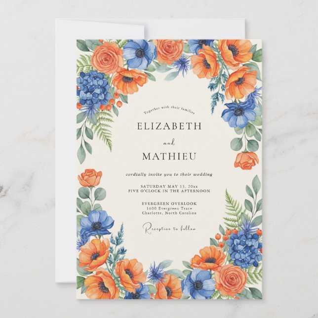 Invitación Boda de amapola de cobalto naranja (Anverso)