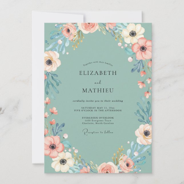 Invitación Boda de amapola de coral de espuma de mar (Anverso)